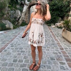 Zara Cream Floral Embroidered Spaghetti-Strap Mini Dress
